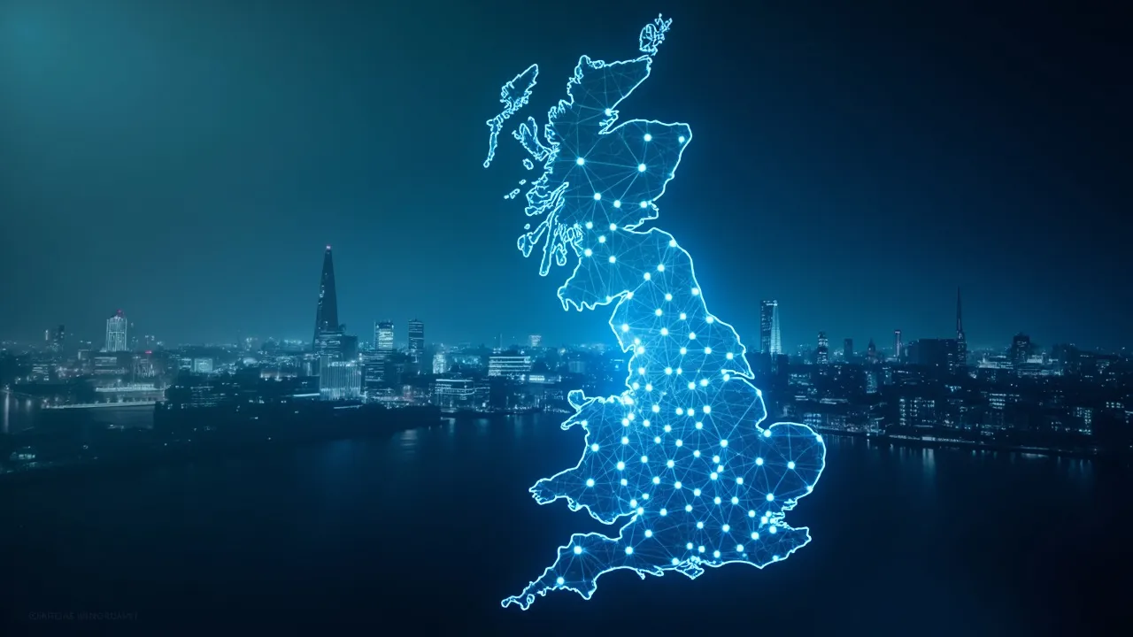 Symbol image: a UK map with AI answer engine connections and a visibility score dashboard